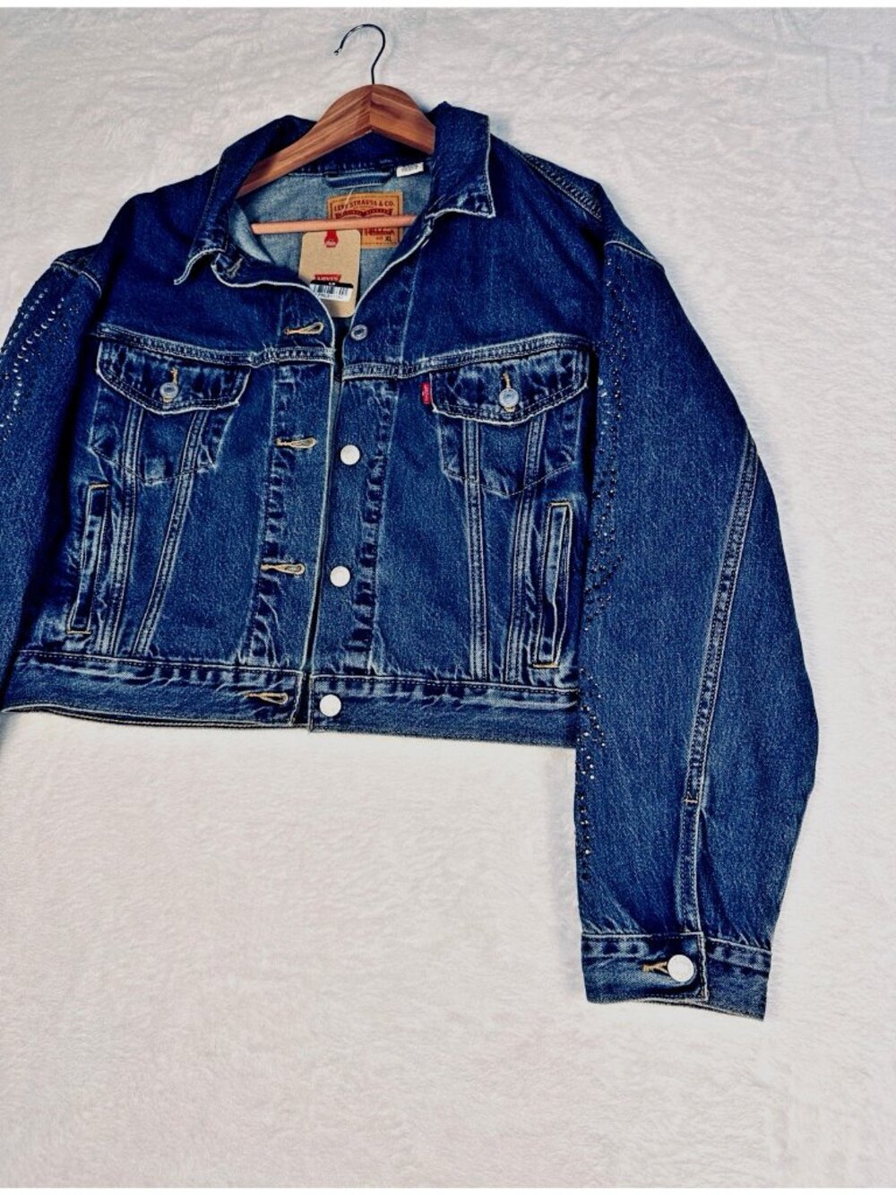 Levi's 90's Trucker Jacket Sz XL Shrunken Rhinestone Denim Jacket D.Wash Western - Picture 9 of 12